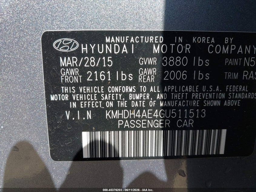 2016 Hyundai Elantra VIN KMHDH4AE4GU511513 IAAI salvage auction — NORMAL WEAR, Clear - Dealer Only (California), sold $925 on 2026-07-29 (photo 9)