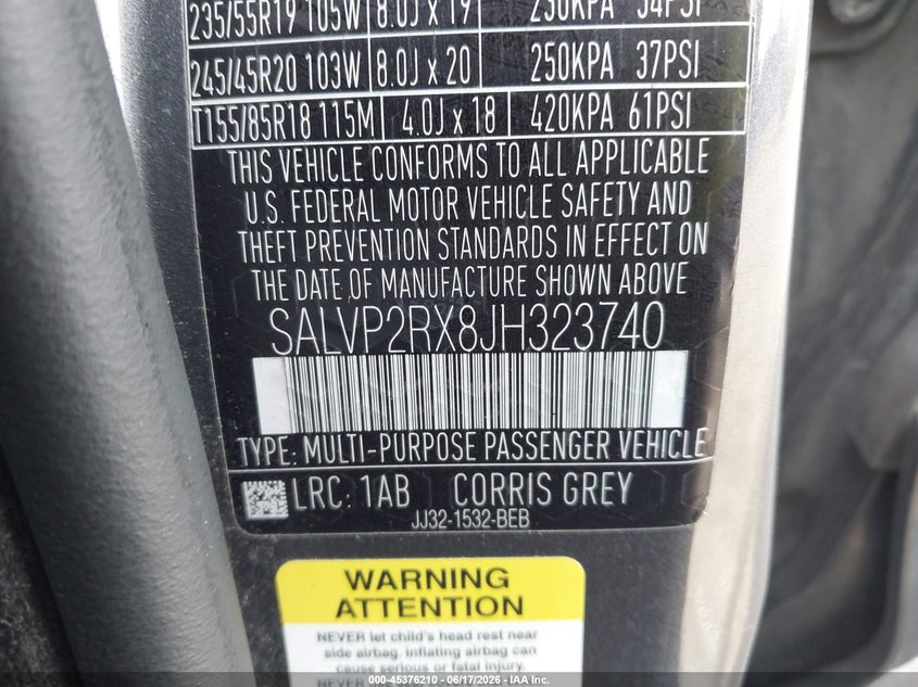 2018 Land rover Range rover evoque VIN SALVP2RX8JH323740 IAAI salvage auction — REAR END, Salvage Title, sold $3,650 on 2026-07-18 (photo 9)