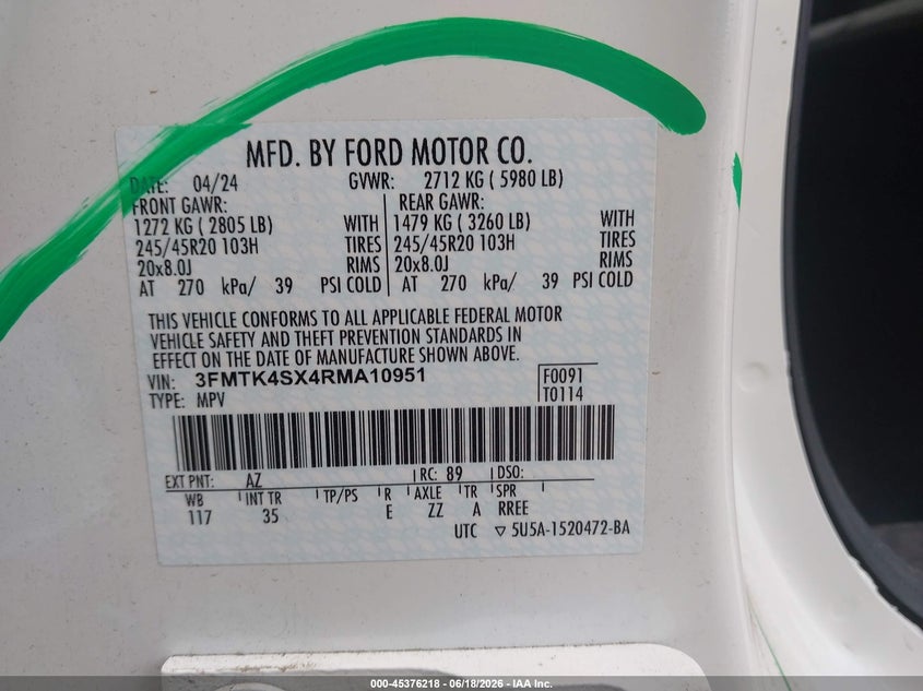 2024 Ford Mustang mach-e VIN 3FMTK4SX4RMA10951 IAAI salvage auction — FRONT & REAR, Salvage Title, sold $9,700 on 2026-07-17 (photo 9)