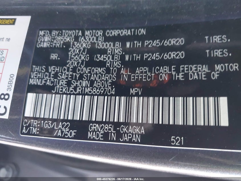 2021 Toyota 4runner VIN JTEKU5JR1M5869704 IAAI salvage auction — REAR END, Salvage (California), sold $18,150 on 2026-07-20 (photo 9)