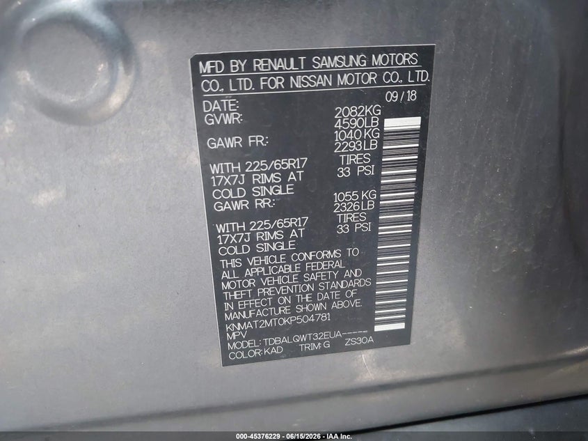 2019 Nissan Rogue VIN KNMAT2MT0KP504781 IAAI salvage auction — REAR END, Salvage (Virginia), sold $1,525 on 2026-07-07 (photo 9)
