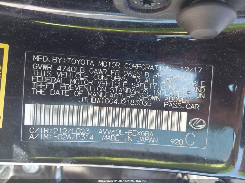 2018 Lexus ES VIN JTHBW1GG4J2183035 IAAI salvage auction — REAR END, Clear (Wisconsin), sold $8,100 on 2026-07-15 (photo 9)