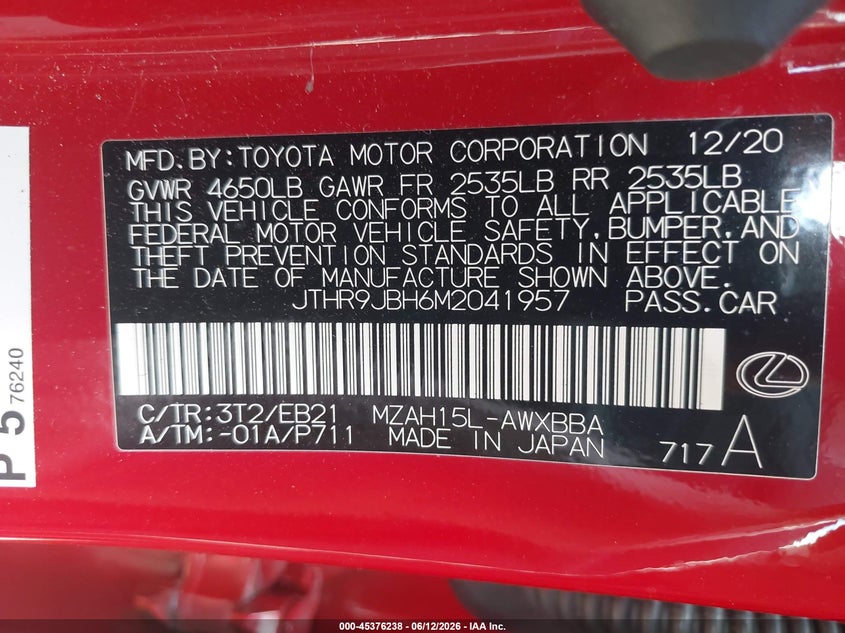 2021 Lexus Ux VIN JTHR9JBH6M2041957 IAAI salvage auction — LEFT SIDE, Mv-907A (New York), sold $10,800 on 2026-07-07 (photo 9)