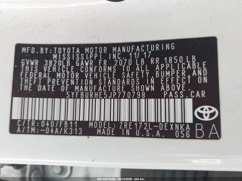 2018 Toyota Corolla VIN 5YFBURHE5JP770798 IAAI salvage auction — NORMAL WEAR, Clear (Florida), sold $2,400 on 2026-07-09 (photo 9)