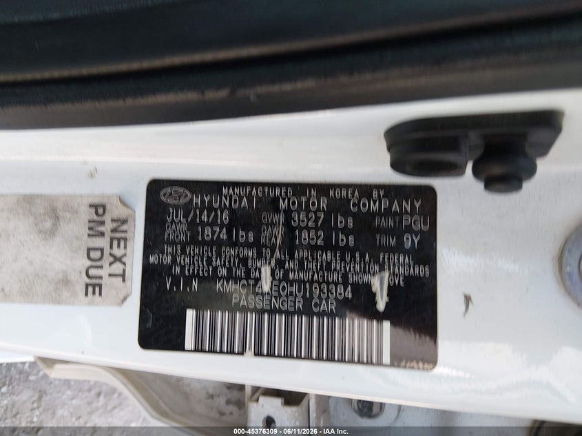2017 Hyundai Accent VIN KMHCT4AE0HU193384 IAAI salvage auction — NORMAL WEAR, Clear (Kansas), sold $750 on 2026-07-22 (photo 9)