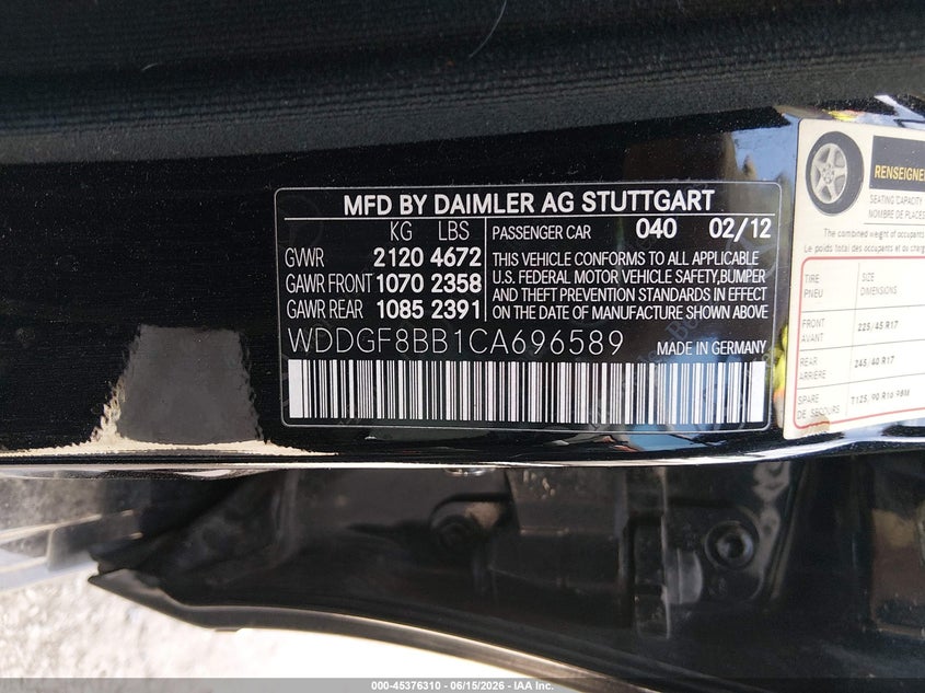 2012 Mercedes-benz C-klasse VIN WDDGF8BB1CA696589 IAAI salvage auction — FRONT END, Salvage (Kansas), sold $1,575 on 2026-07-15 (photo 9)