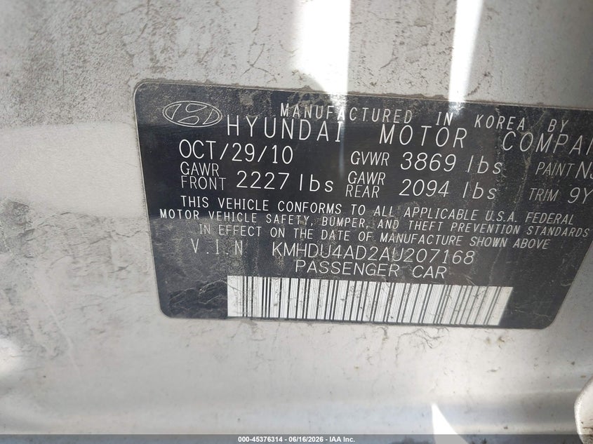 2010 Hyundai Elantra VIN KMHDU4AD2AU207168 IAAI salvage auction — NORMAL WEAR, Clear (Virginia), sold $300 on 2026-07-14 (photo 9)