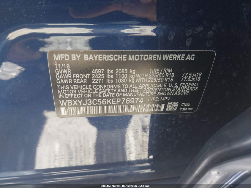 2019 BMW X2 VIN WBXYJ3C56KEP76974 IAAI salvage auction — FRONT END, Rebuildable (Florida), sold $2,200 on 2026-07-16 (photo 9)