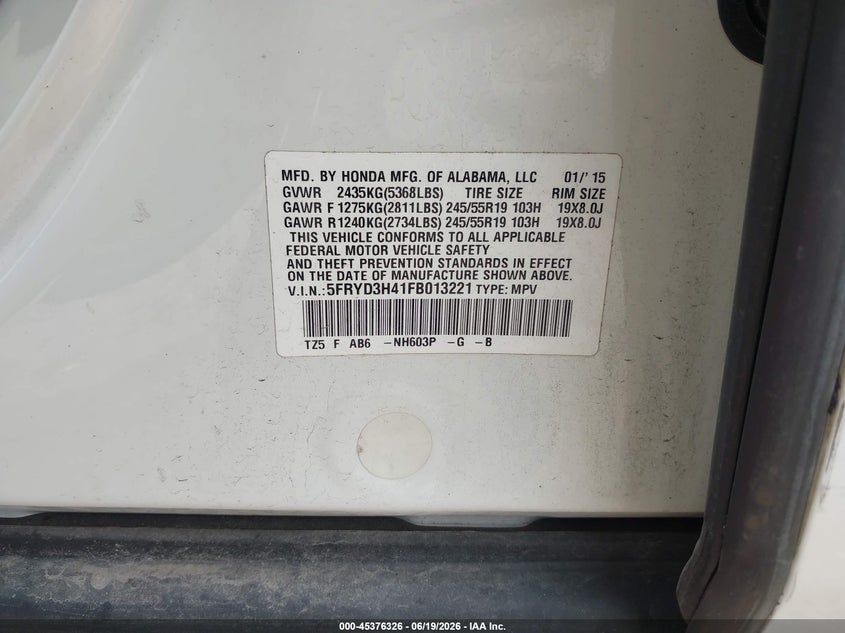 2015 Acura Mdx VIN 5FRYD3H41FB013221 IAAI salvage auction — FRONT & REAR, Original (Texas), sold $2,650 on 2026-07-25 (photo 9)