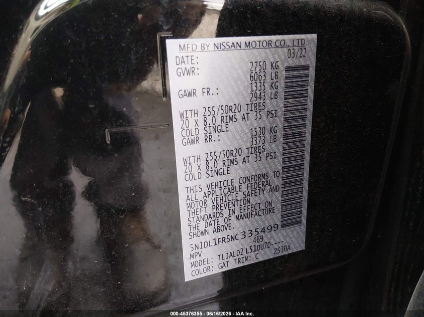 2022 Infiniti Qx60 VIN 5N1DL1FR5NC335499 IAAI salvage auction — REAR END, Salvage (Alabama), sold $8,500 on 2026-07-20 (photo 9)