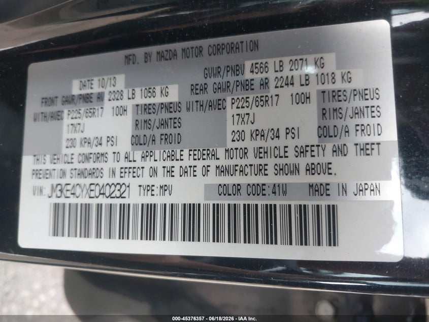 2014 Mazda Cx-5 VIN JM3KE4CYXE0402321 IAAI salvage auction — SIDE, Salvage (Missouri), sold $2,700 on 2026-07-22 (photo 9)
