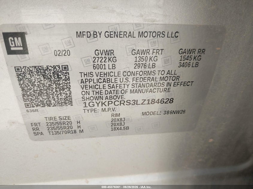 2020 Cadillac Xt6 VIN 1GYKPCRS3LZ184628 IAAI salvage auction — FRONT & REAR, Clear (Oklahoma), sold $7,800 on 2026-08-26 (photo 9)