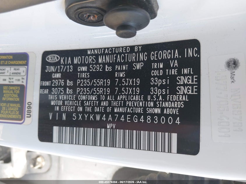 2014 Kia Sorento VIN 5XYKW4A74EG483004 IAAI salvage auction — FRONT END, Salvage (California), sold $1,500 on 2026-07-08 (photo 9)