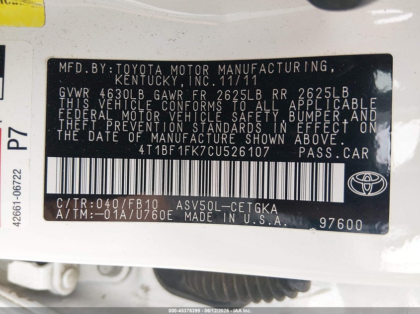 2012 Toyota Camry VIN 4T1BF1FK7CU526107 IAAI salvage auction — RIGHT FRONT, Salvage Title, sold $1,600 on 2026-08-08 (photo 9)