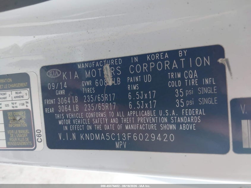 2015 Kia SEDONA VIN KNDMA5C13F6029420 IAAI salvage auction — FRONT END, Salvage (California), sold $850 on 2026-07-14 (photo 9)
