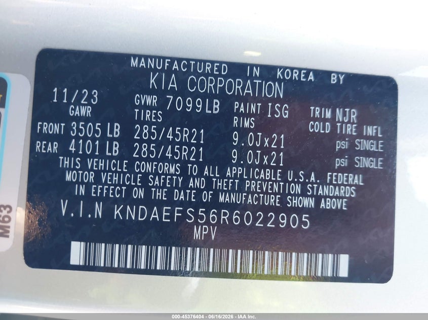 2024 Kia Ev9 VIN KNDAEFS56R6022905 IAAI salvage auction — FRONT END, Salvage - 75% Or Less (Maryland), sold $14,200 on 2026-07-11 (photo 9)