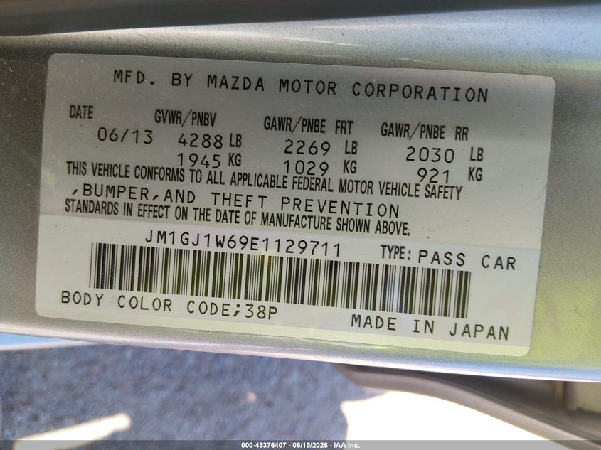 2014 Mazda 6 VIN JM1GJ1W69E1129711 IAAI salvage auction — NORMAL WEAR, Certificate Of Title (Nebraska), sold $1,000 on 2026-07-09 (photo 9)