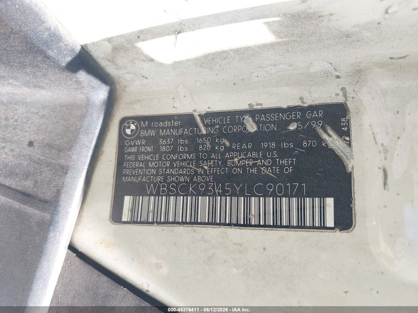 2000 BMW M VIN WBSCK9345YLC90171 IAAI salvage auction — FRONT END, Rebuildable (Florida), sold $3,750 on 2026-07-15 (photo 9)
