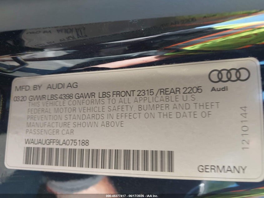 2020 Audi A3 VIN WAUAUGFF9LA075188 IAAI salvage auction — RIGHT FRONT, Salvage Title, sold $4,950 on 2026-07-30 (photo 9)