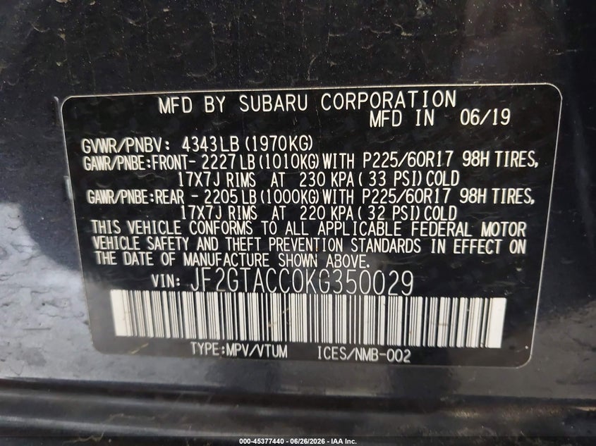 2019 Subaru Xv VIN JF2GTACC0KG350029 IAAI salvage auction — FRONT END, Salvage Title, sold $1,850 on 2026-07-20 (photo 9)