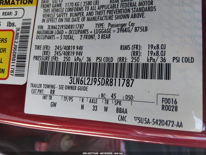 2013 Lincoln Mkz VIN 3LN6L2J95DR811787 IAAI salvage auction — REAR END, Salvage (Kentucky), sold $975 on 2026-07-10 (photo 9)