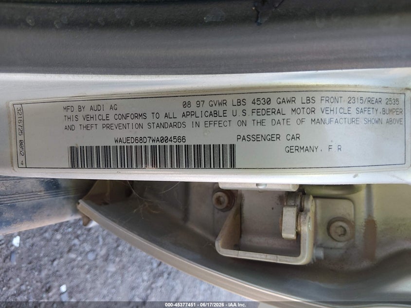 1998 Audi A4 VIN WAUED68D7WA004566 IAAI salvage auction — NORMAL WEAR, Clear (New Mexico), sold $250 on 2026-07-13 (photo 9)