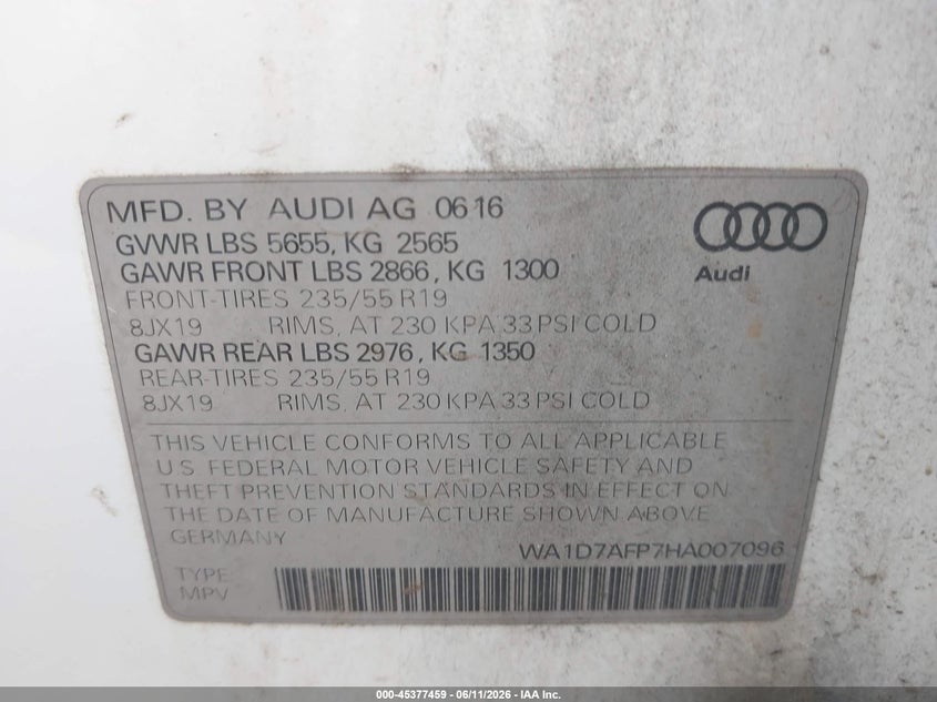 2017 Audi Q5 VIN WA1D7AFP7HA007096 IAAI salvage auction — NORMAL WEAR, Clear (Hawaii), sold $2,450 on 2026-07-21 (photo 9)