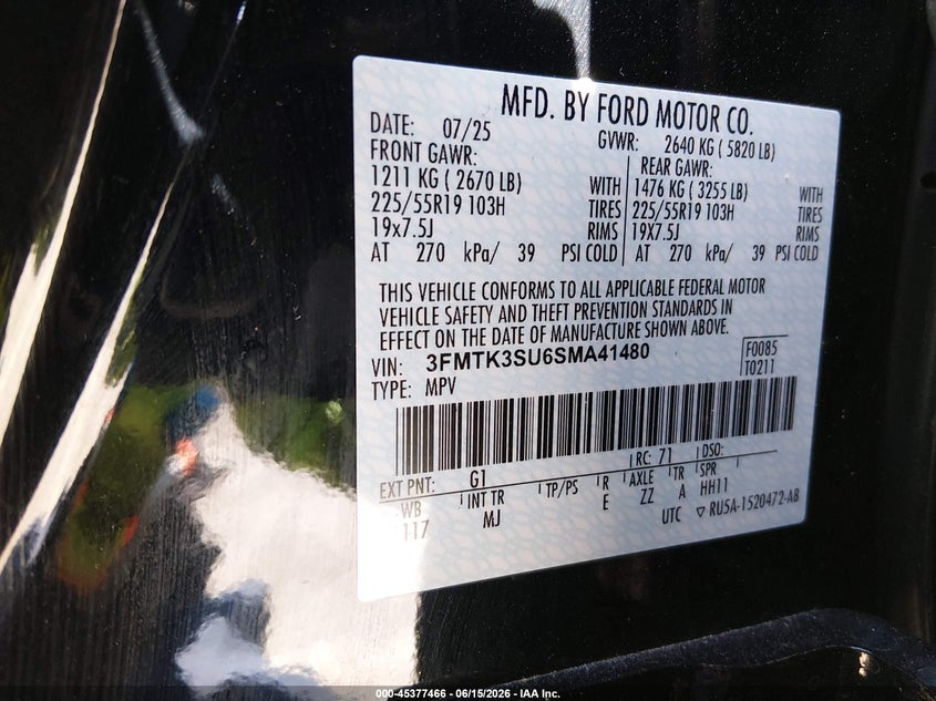 2025 Ford Mustang mach-e VIN 3FMTK3SU6SMA41480 IAAI salvage auction — RIGHT SIDE, Salvage Title, sold $12,600 on 2026-07-29 (photo 9)