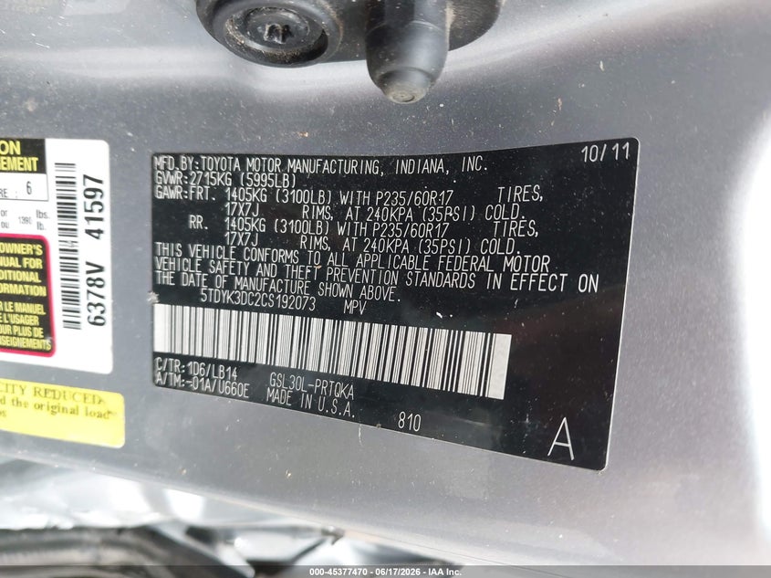 2012 Toyota Sienna VIN 5TDYK3DC2CS192073 IAAI salvage auction — LEFT SIDE, Salvage (Mississippi), sold $1,000 on 2026-07-15 (photo 9)