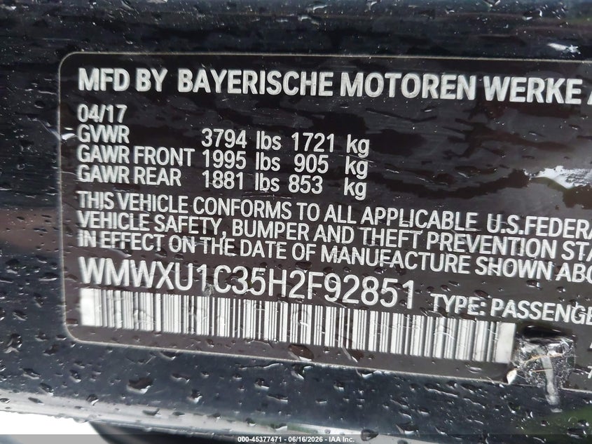 2017 Mini Hardtop VIN WMWXU1C35H2F92851 IAAI salvage auction — FRONT END, Clear (Florida), sold $1,050 on 2026-07-23 (photo 9)