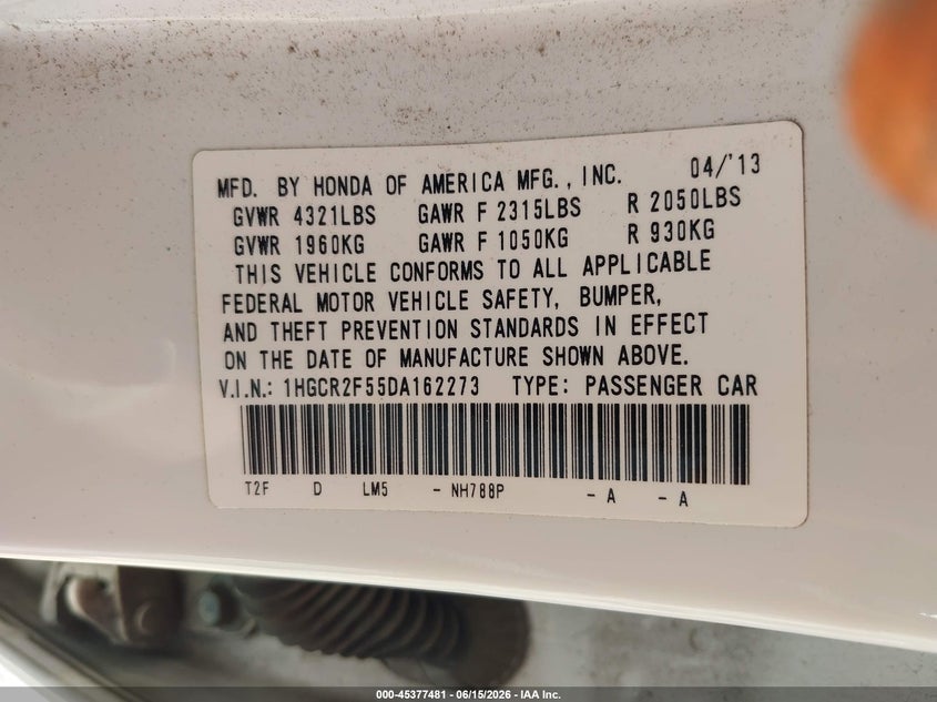 2013 Honda Accord VIN 1HGCR2F55DA162273 IAAI salvage auction — RIGHT FRONT, Salvage (California), sold $2,550 on 2026-07-18 (photo 9)
