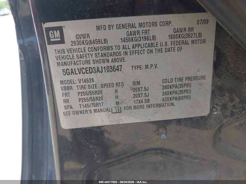 2010 Buick Enclave VIN 5GALVCED3AJ103647 IAAI salvage auction — FRONT END, Clear (Massachusetts), sold $475 on 2026-07-19 (photo 9)
