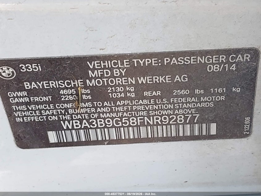 2015 BMW 3er VIN WBA3B9G58FNR92877 IAAI salvage auction — FRONT END, Salvage Title, sold $4,050 on 2026-08-14 (photo 9)