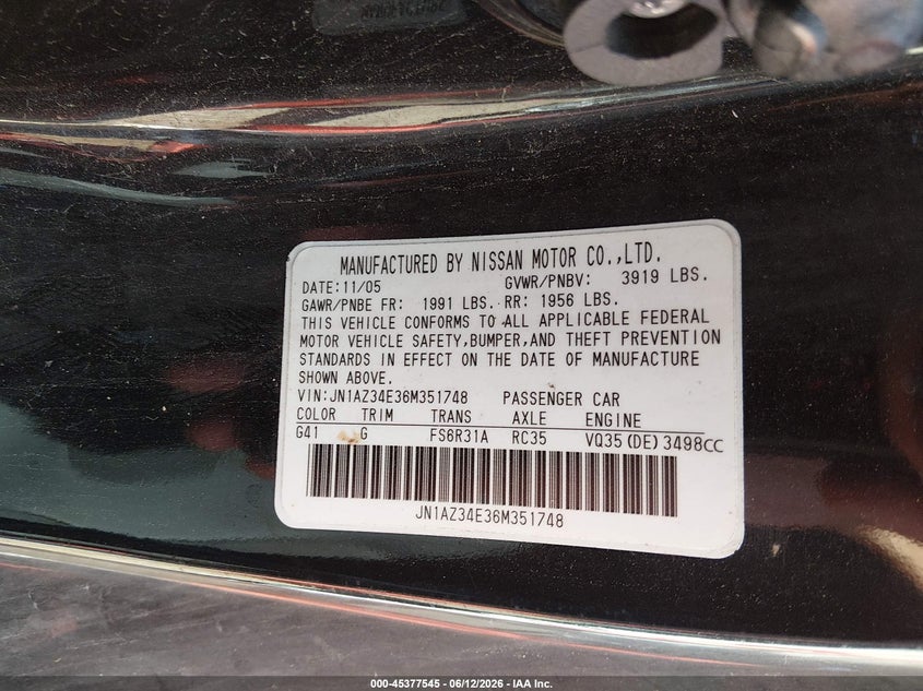 2006 Nissan 350z VIN JN1AZ34E36M351748 IAAI salvage auction — RIGHT FRONT, Clear (Indiana), sold $1,600 on 2026-07-08 (photo 9)