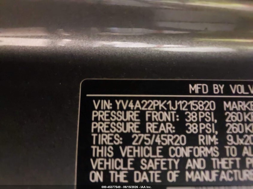 2018 Volvo Xc90 VIN YV4A22PK1J1215820 IAAI salvage auction — LEFT REAR, Original (Texas), sold $6,800 on 2026-07-22 (photo 9)