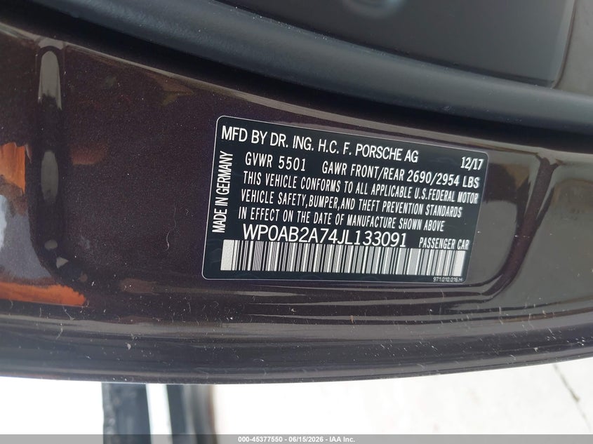 2018 Porsche Panamera VIN WP0AB2A74JL133091 IAAI salvage auction — FRONT & REAR, Salvage Title, sold $8,600 on 2026-07-26 (photo 9)