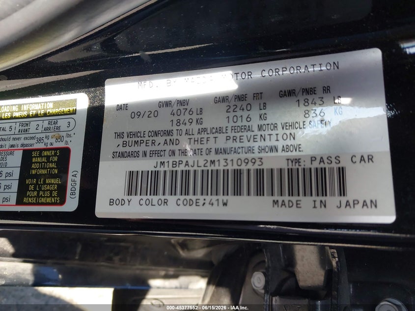2021 Mazda 3 VIN JM1BPAJL2M1310993 IAAI salvage auction — FRONT END, Salvage (California), sold $1,350 on 2026-07-23 (photo 9)