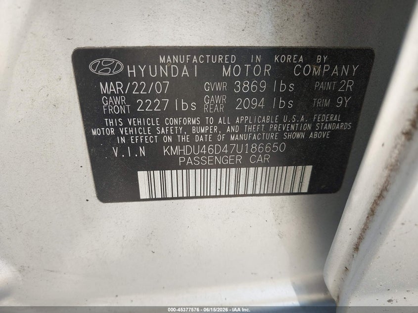 2007 Hyundai Elantra VIN KMHDU46D47U186650 IAAI salvage auction — ENGINE DAMAGE, Clear (Virginia), sold $100 on 2026-07-07 (photo 9)