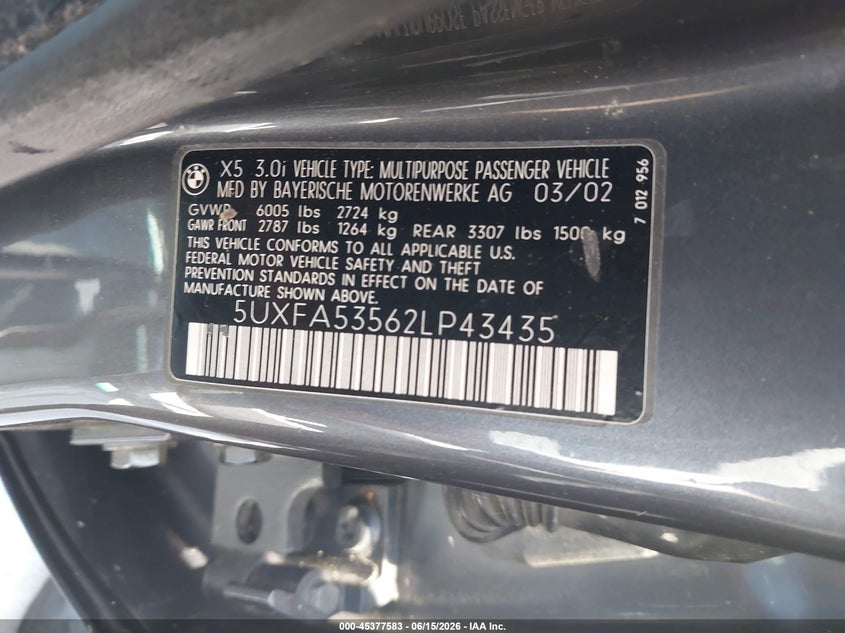 2002 BMW X5 VIN 5UXFA53562LP43435 IAAI salvage auction — NORMAL WEAR, Clear (North Carolina), sold $325 on 2026-07-23 (photo 9)
