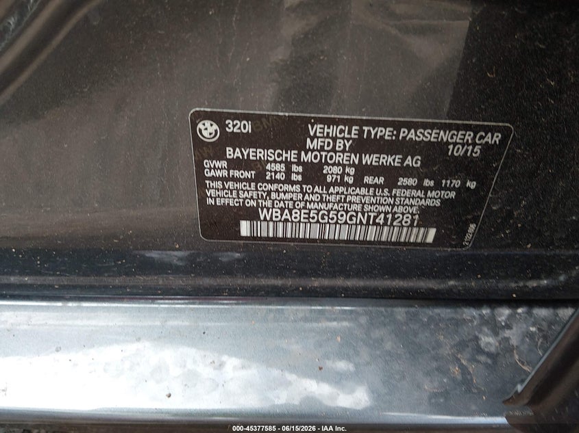2016 BMW 3er VIN WBA8E5G59GNT41281 IAAI salvage auction — FRONT END, Rebuilt (Oklahoma), sold $3,000 on 2026-07-24 (photo 9)