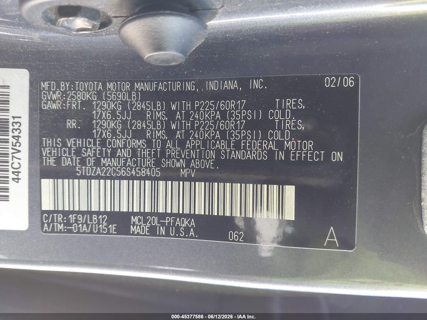 2006 Toyota Sienna VIN 5TDZA22C56S458405 IAAI salvage auction — UNKNOWN, Clear - Dealer Only (California), sold $600 on 2026-07-08 (photo 9)