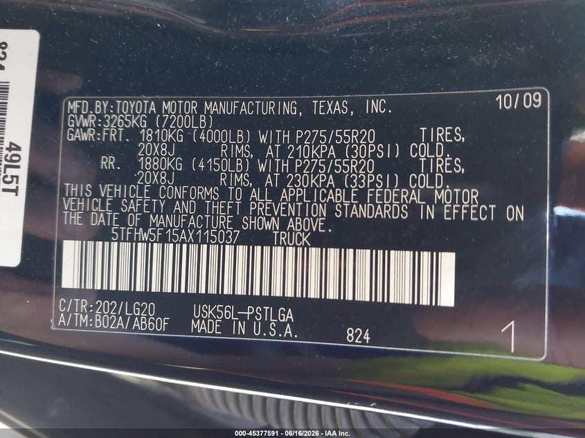 2010 Toyota Tundra VIN 5TFHW5F15AX115037 IAAI salvage auction — FRONT END, Mv-907A (New York), sold $4,800 on 2026-07-07 (photo 9)