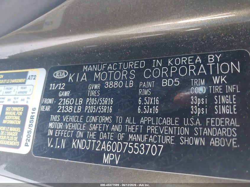 2013 Kia Soul VIN KNDJT2A60D7553707 IAAI salvage auction — NORMAL WEAR, Clear (Georgia), sold $750 on 2026-07-08 (photo 9)