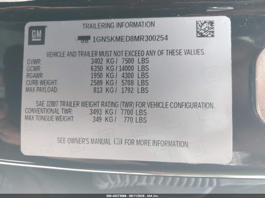 2021 Chevrolet Tahoe VIN 1GNSKMED8MR300254 IAAI salvage auction — NORMAL WEAR, Sf97 (New Jersey), sold $26,750 on 2026-07-21 (photo 9)