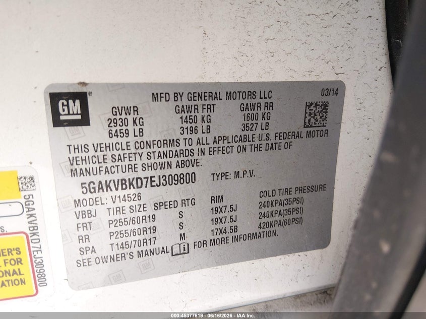 2014 Buick Enclave VIN 5GAKVBKD7EJ309800 IAAI salvage auction — FRONT END, Salvage Title, sold $450 on 2026-09-03 (photo 9)