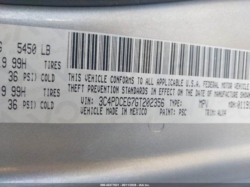 2016 Dodge Journey VIN 3C4PDCEG7GT202356 IAAI salvage auction — RIGHT FRONT, Clear (Idaho), sold $275 on 2026-07-09 (photo 9)