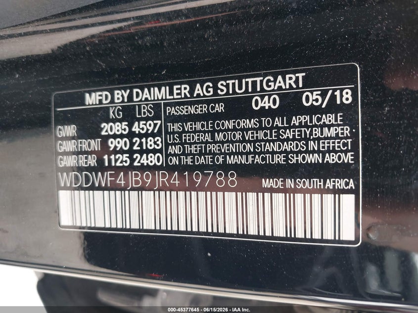 2018 Mercedes-benz C-klasse VIN WDDWF4JB9JR419788 IAAI salvage auction — SIDE, Original (Texas), sold $6,600 on 2026-08-15 (photo 9)