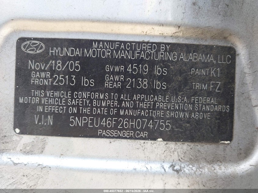 2006 Hyundai Sonata VIN 5NPEU46F26H074755 IAAI salvage auction — FRONT END, Salvage (Pennsylvania), sold $25 on 2026-07-24 (photo 9)
