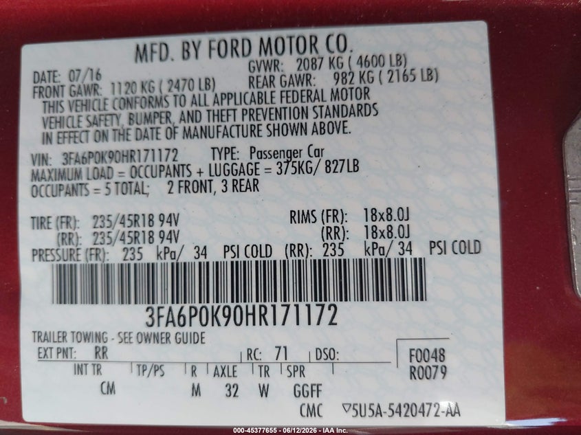 2017 Ford Fusion VIN 3FA6P0K90HR171172 IAAI salvage auction — RIGHT FRONT, Salvage Title, sold $1,450 on 2026-07-19 (photo 9)