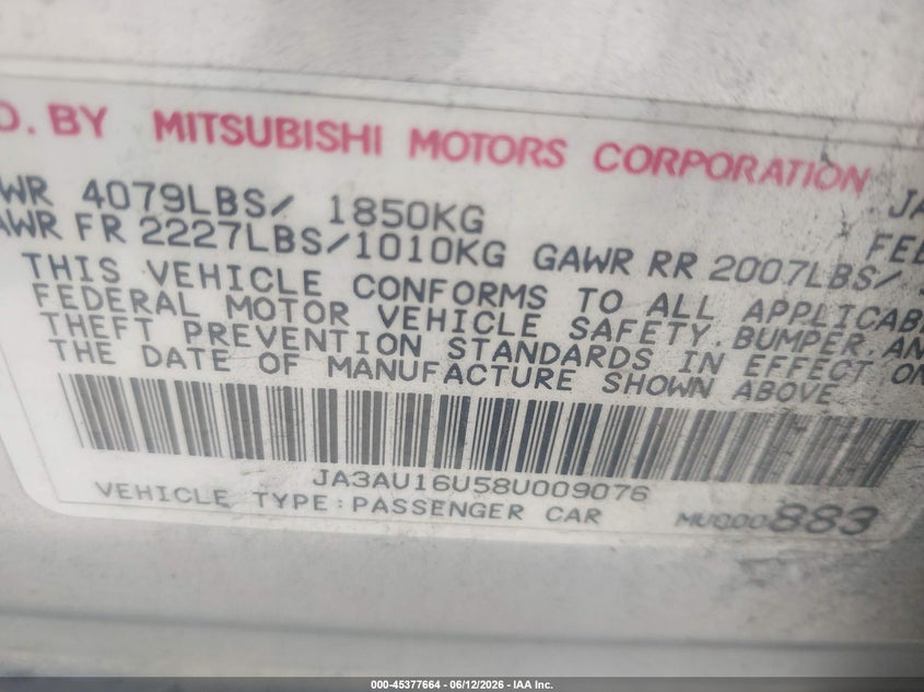 2008 Mitsubishi Lancer VIN JA3AU16U58U009076 IAAI salvage auction — NORMAL WEAR, Clear (Utah), sold $325 on 2026-07-09 (photo 9)